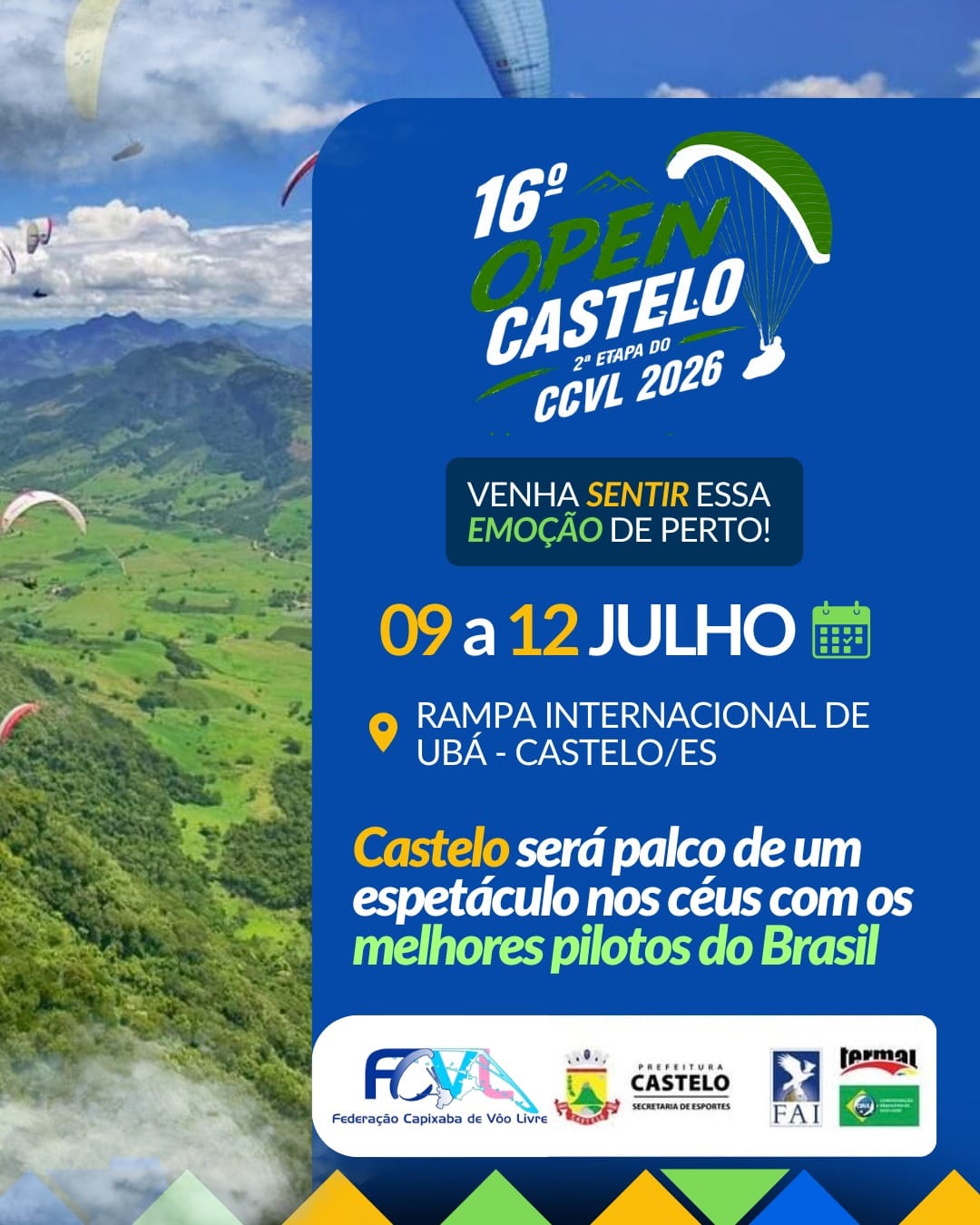 Imagem ilustrativa da matéria: Céu de Castelo vira palco de competição com cerca de 90 pilotos