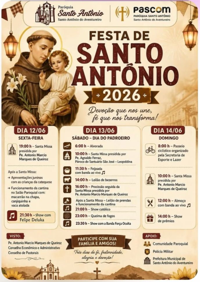 Imagem ilustrativa da matéria: Começa hoje, sexta-feira (12), a festa do padroeiro de Santo Antônio do Aventureiro